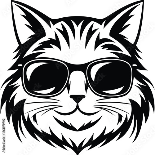 Cool cartoon cat illustration wears sunglasses with a furry head and pointy ears