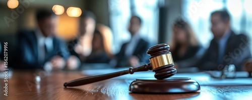 A judge's gavel rests on a wooden table with blurred business professionals in suits in the background, symbolizing legal proceedings or court decisions.