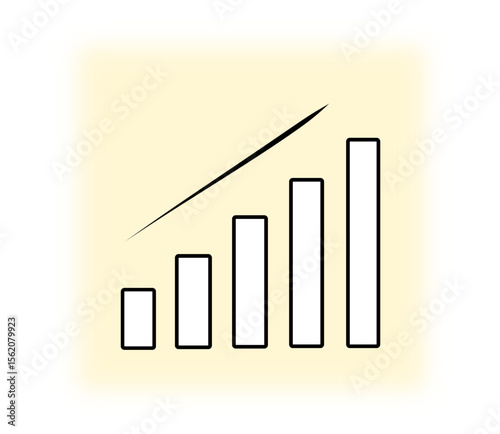A minimal upward bar chart icon with four increasing vertical bars and a diagonal arrow indicating growth or progress. Suitable for business, finance, analytics, or success-related design themes