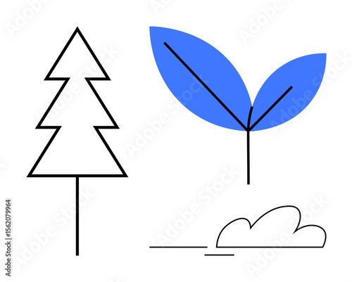 Abstract pine tree, blue leaf stem, cloud outline evoke nature, sustainability, growth, harmony, simplicity. Ideal for environment, ecology renewal peace balance fresh ideas simple flat metaphor