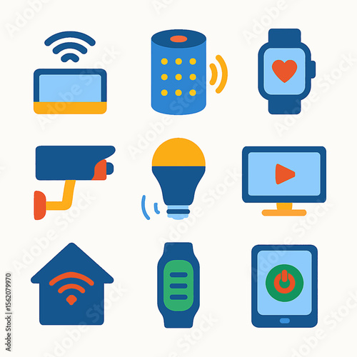 Smart home automation system vector icons featuring security and connectivity