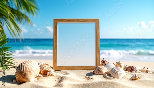 Empty Frame on Summer Beach with Seashells
