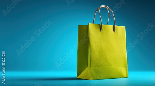 Vibrant green shopping bag on a smooth blue background, showcasing modern retail aesthetics