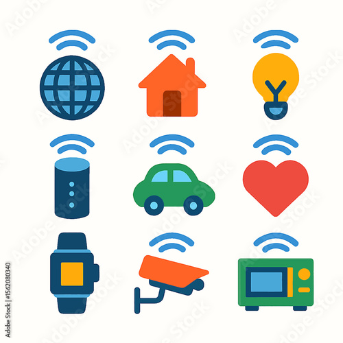 Wireless connectivity icons for various smart home devices.