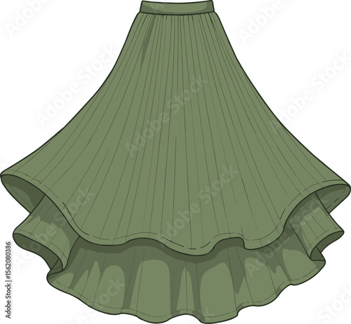 Green flared skirt flat sketch, high waist pleated hem cad drawing, vector fashion illustration, technical garment design for template