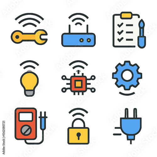 Smart home technology icons featuring connectivity, security, and automation systems