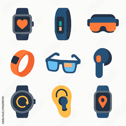 Smart technology icons showcase wearables and assistive hearing aids in flat design