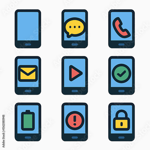 Smartphone interface icons display communication and function symbols on blue screens