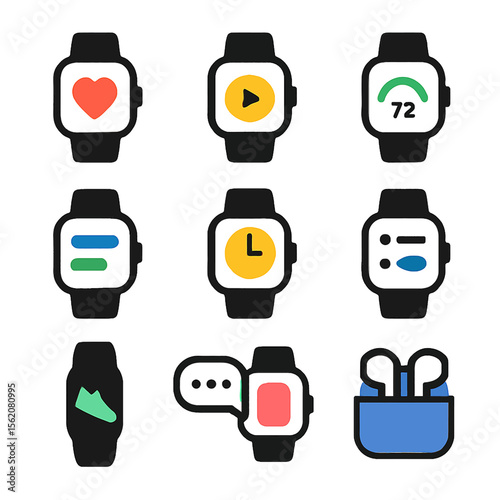 Smartwatch icons displaying heart rate, play, metrics and messages in vector form
