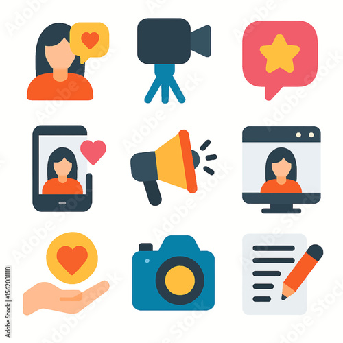 Social media engagement icons featuring a woman, camera, and megaphone illustration