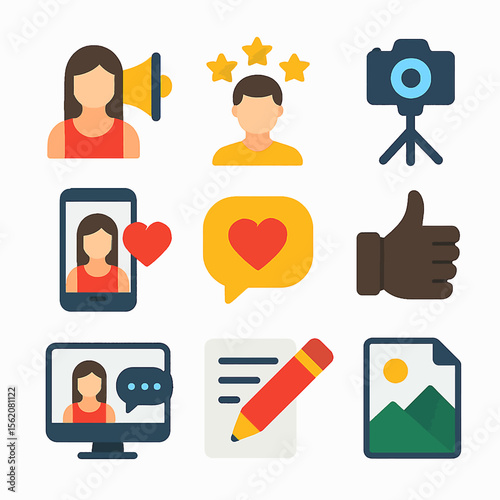 Social media engagement icons set featuring communication and content creation elements