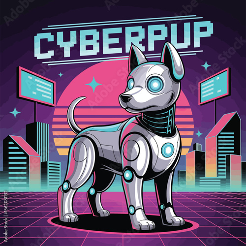 Vector Synth wave Cyber pup Cityscape: Retro-Futuristic Dog Graphic.