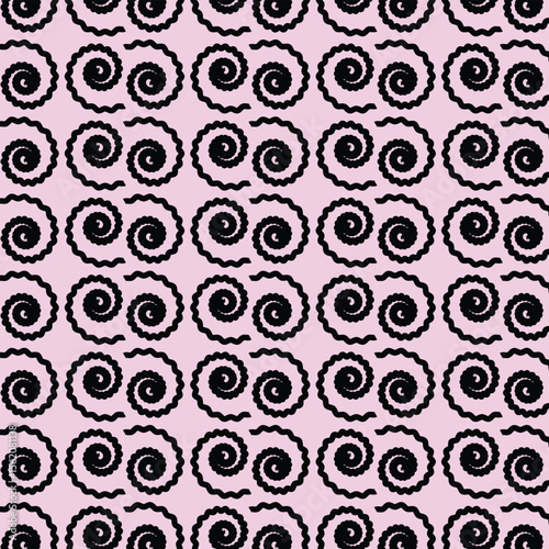 Repeating black spirals on a pink background, creating a whimsical texture.