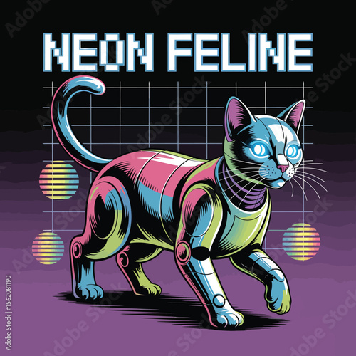 Vector Cybernetic Neon Feline: Futuristic Cat Graphic.