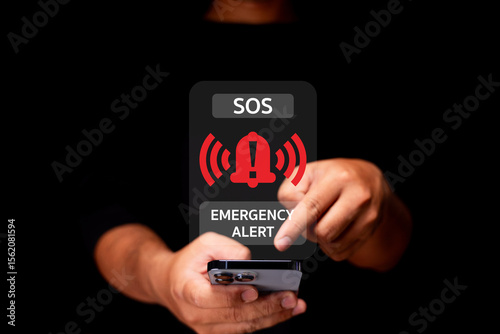A person activates an emergency alert on a smartphone, displaying an SOS warning with red alert icons on a dark background.