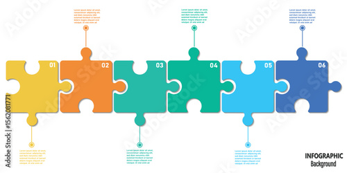 Six pieces puzzle infographic. Puzzle pieces vector set. Puzzle jigsaw on white background. Set of puzzle pieces. Vector illustration