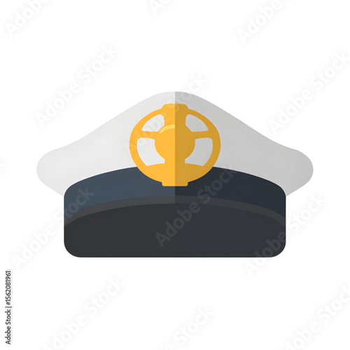 Captain's hat with steering wheel emblem in flat design  