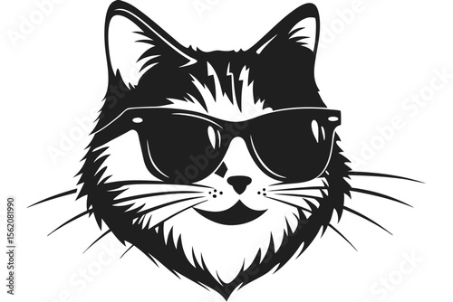 Cool cat stares ahead wearing dark sunglasses in a simple black and white vector