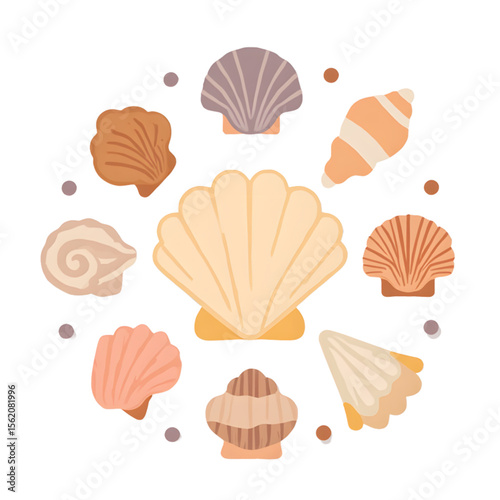 Collection of decorative seashells in soft pastel colors  