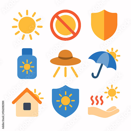 Sun protection methods and symbols with sunscreen, hat, umbrella, and shield icons