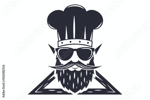 Cool bearded chef wearing sunglasses and a tall hat stands in front of triangle