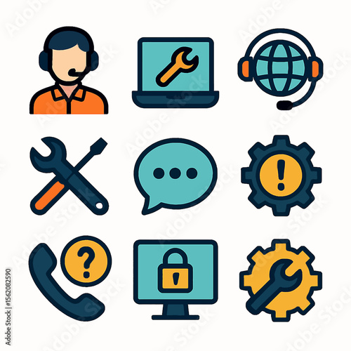 Technical support icons set featuring customer service, settings and assistance