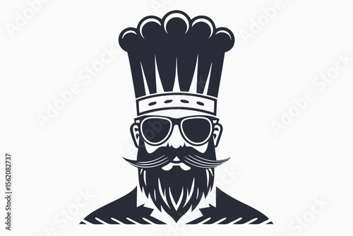 Cool chef with beard wearing sunglasses and tall hat is ready to cook