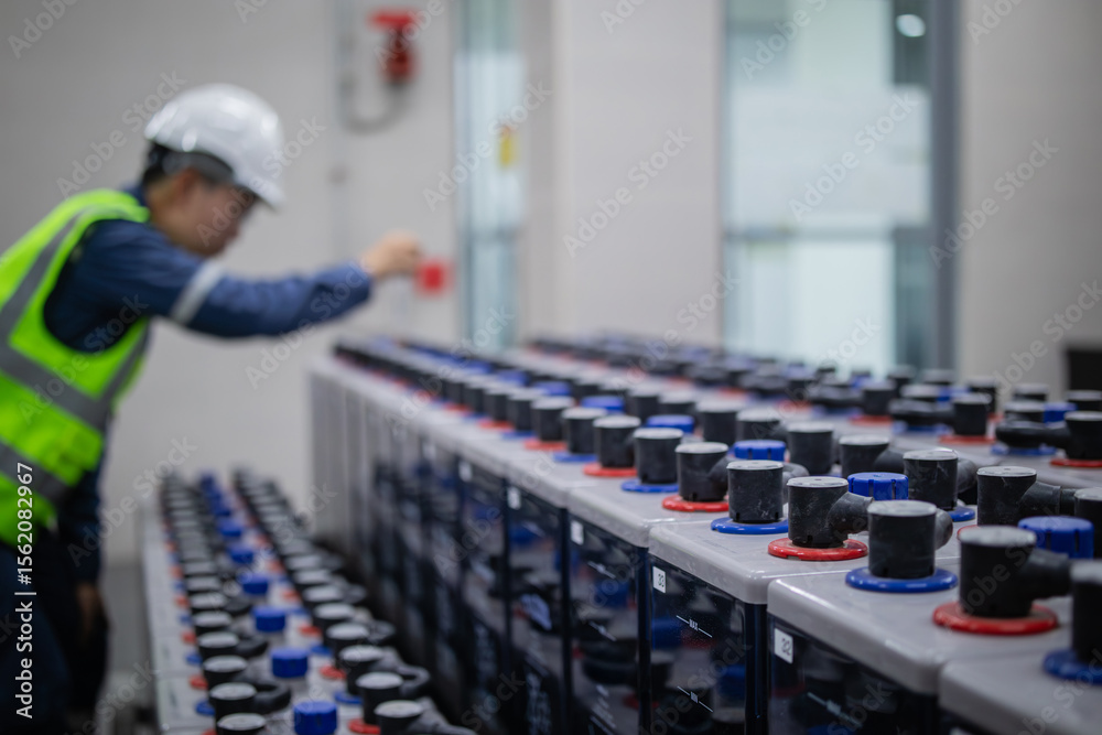 Fototapeta premium Technician inspects backup battery power system in industrial setting ensuring reliable energy supply and safety measures are maintained for continuous operation and efficiency