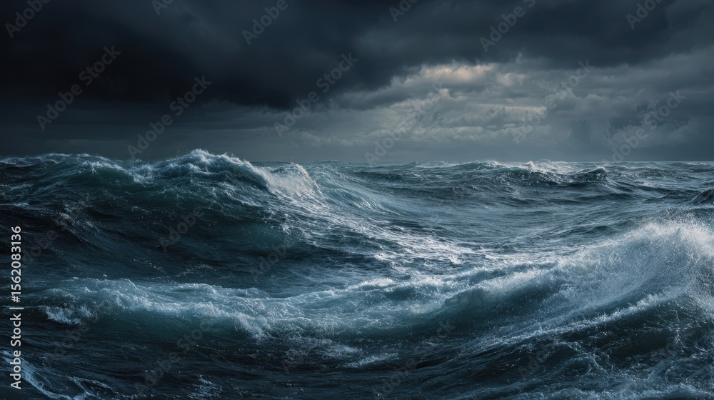 Fototapeta premium The turbulent ocean waves under a dramatic stormy sky.