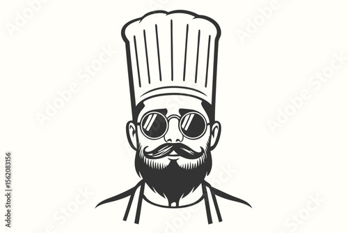 Cartoon chef character portrait wearing round sunglasses and a tall toque presents vintage charm