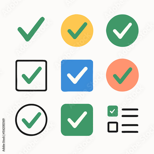 Variety of check mark icons in different shapes and colors for selections and tasks