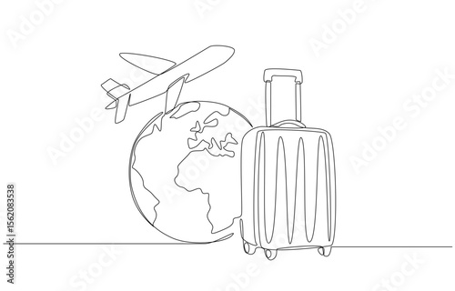 Continuous one line drawing of wheeled travel bag, plane, and earth globe, traveling around the world concept, single line art