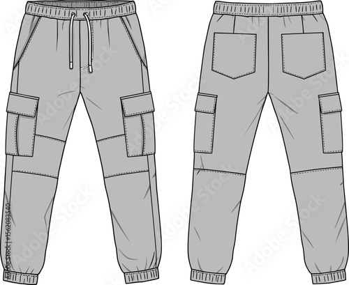 Jogger cargo pants front and back view, cad flat sketch, fashion vector illustration, technical drawing, casual streetwear clothing design