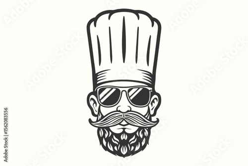 Cool chef icon showcasing sunglasses, bushy beard, mustache and a tall chefs hat