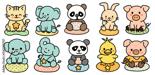 Cute baby animals including cat, elephant, panda, rabbit, and pig, each with star on colorful base, evoke joy and playfulness