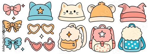 Cute accessories including hats, bows, and backpacks in pastel colors. Perfect for fashion lovers and playful styles
