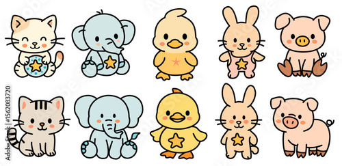 Cute baby animals including cat, elephant, duck, bunny, and pig, all with star accents, evoke joy and playfulness