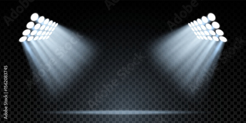 Spotlight background with blue beams, stage illumination and glittering rays. Abstract lighting effect for concert, club, show or stadium scene. Transparent, shiny and atmospheric design EPS element