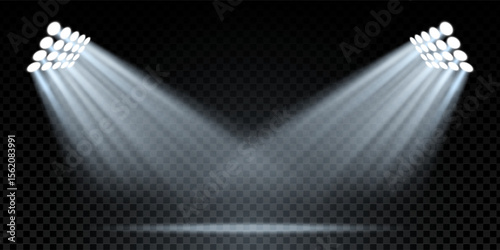 Blue spotlight rays on dark stage background. Bright vector light effect with shine, glitter and transparent glow. Abstract nightclub, concert or boxing arena scene. Sporty and festive vibe.