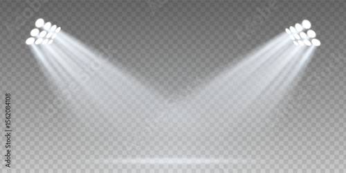 Luxury spotlight rays on dark stage with glitter and glow. Blue and white beam effect on vector background. Abstract studio, podium or club scene with LED illumination and fantasy atmosphere.