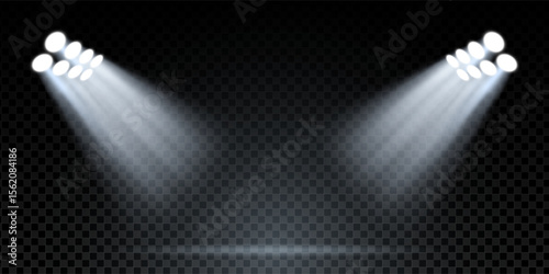 Stage spotlight beam with blue and white glow. Vector disco or concert scene with glitter, illumination and dark club background. Abstract night show with LED rays and fantasy sparkle effect.