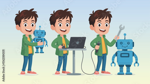 Boy with Robots Cartoon Illustration of a Child Coding, Holding, and Repairing Robots