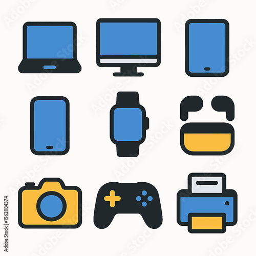 Vector illustration of modern electronic devices featuring computer, phone and gadgets