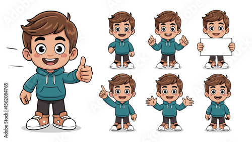Cartoon Boy Character Poses Thumbs Up, Pointing, Holding Sign, and Happy Expressions Isolated