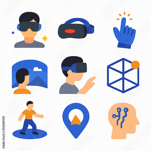 Virtual reality experience illustrated with icons showing headset user interaction
