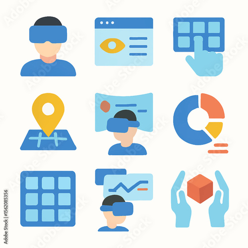 Virtual reality experience with data analytics and information visualization icons