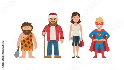 Cartoon Characters Caveman, Lumberjack, Businesswoman, and Superhero Standing Together on White Background