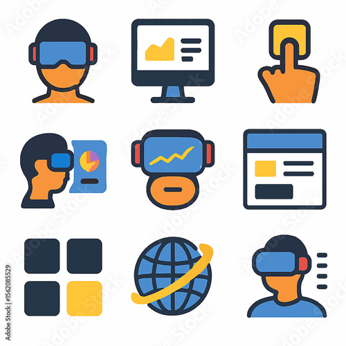 Virtual reality interface icons representing data analysis and global connection