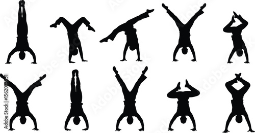 PrintTen silhouette handstand poses, gymnastic balance moves, strength and flexibility, yoga variations, acrobatic body control, dynamic fitness artistry, athletic motion, health and wellness form