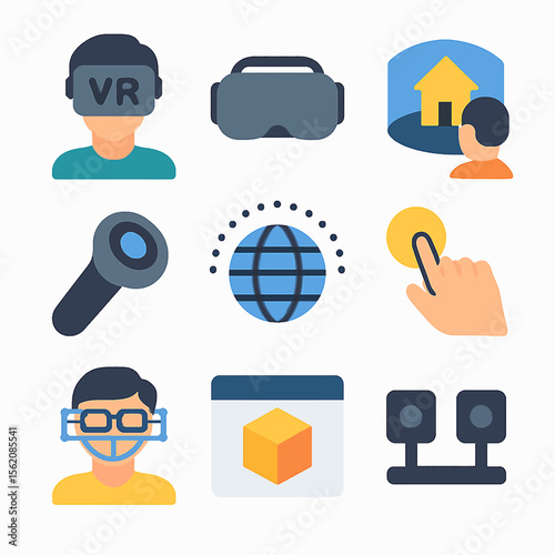 Virtual reality technology icons depicting immersive experiences and digital interaction